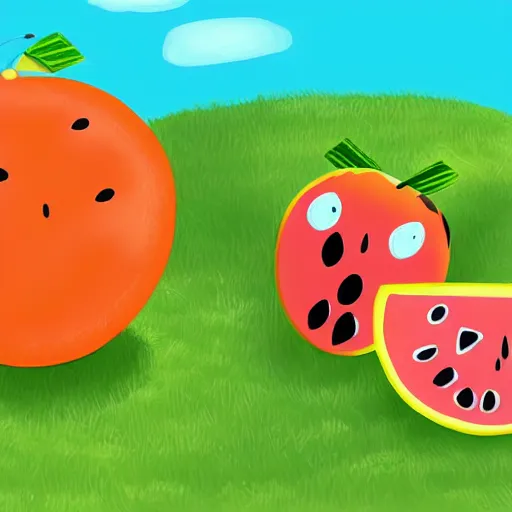 Image similar to a cartoon of a watermellon and an orange having a picnic. digital art. children's book illustration