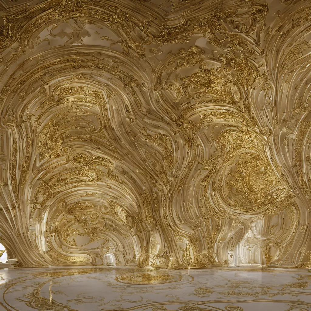 Image similar to an incredibly smooth curvilinear digital neo baroque interior architectural sculpture, a golden pool on the ground is envelope by folding white smooth surfaces, seductive, visually satisfying architecture render