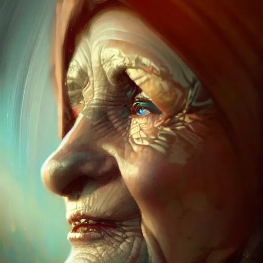 Image similar to an old woman with a mullet, portrait, close up, high detailed, craig mullins, peter mohrbacher, unreal engine, 8 k, dark beauty, trending on artstation