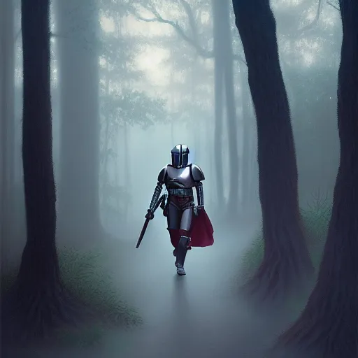 Prompt: the mandolorian walking in a dense forest with a foggy overcast by charles vess and james jean and erik jones and rhads, inspired by star wars, intricate high details, sharp, ultradetailed, unreal 5, hyper realistic