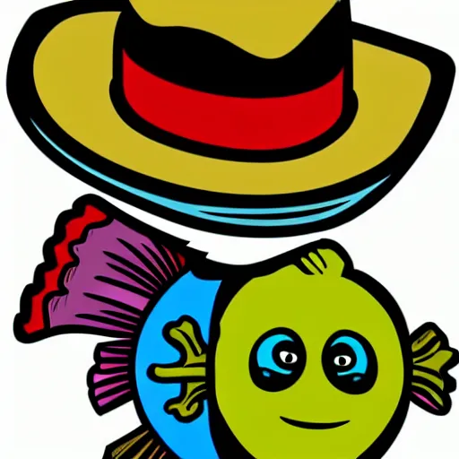 Image similar to happy fish wearing a cowboy hat, sideways, vector, plain background