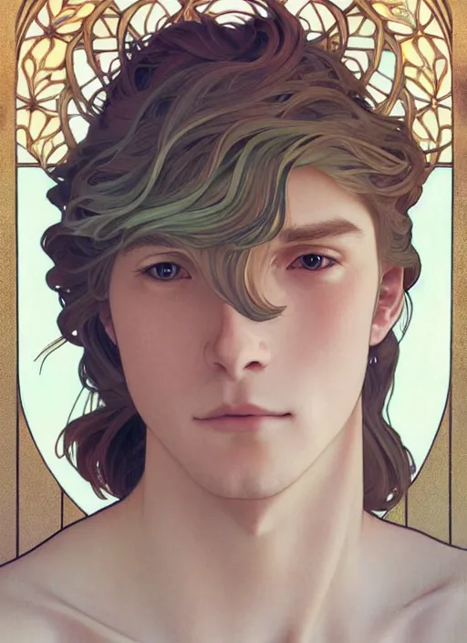 Image similar to pretty young man with shoulder length blond hair, male, half body shot, path traced, highly detailed, high quality, digital painting, by studio ghibli and alphonse mucha, leesha hannigan, hidari, art nouveau, chiho aoshima, posuka demizu