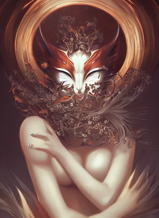 Prompt: a beautiful detailed oil on copper art illustration of a japanese kitsune mask devil sexy woman, centered, by charlie bowater, zeng fanzh, trending on artstation, dim dusk lighting, cinematic lighting, detailed lighting, volumetric lighting, realistic, f 8, 4 k hd wallpaper