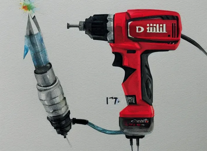 Image similar to concept art of a electril drill tool, pinterest, artstation trending, behance, watercolor, by coby whitmore, silver, laser light,