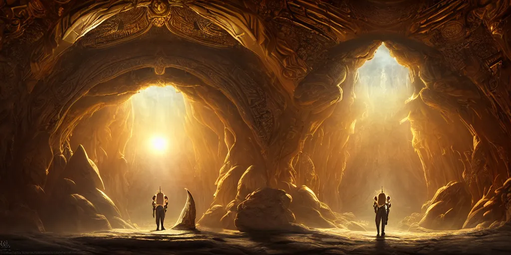 Image similar to a majestic photograph hiperrealistc of the entrance kingdom of agharta, with the king brightening on gold majestic, land of advanced races, giant, hollow earth infographic, illustrations, a big shell with a sun in the interior, dynamic lighting, fantastically beautiful, aesthetically inspired by loish, trending on artstation, art by oleg oprisco, 8 k