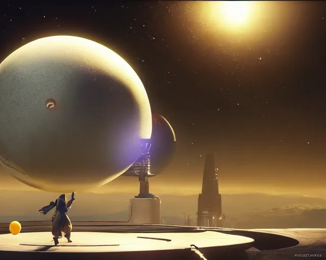 Image similar to the traveler in destiny 2 but it's a ping pong ball floating in the sky over a large city digital art 3 d 4 k wallpaper cover art destiny 2 fanart cinematic