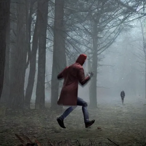 Prompt: A picture of Donald Trump running from Pyramid Head from Silent Hill in the woods.