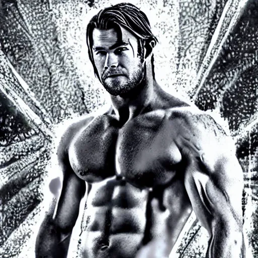 Image similar to still of chris hemsworth with a very muscular body type, anime art, anime style