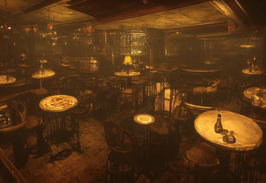 Image similar to In the world of rapture from the world of bioshock you are in a bar, there is a window that lets you see the whole city underwater and you are drinking a rum and coke, there are makes on the tables