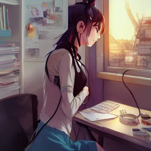 Image similar to attractive!!!!!!!!! girl!!!!!!!!!!!!!, hair in messy bun, wearing headphones, studying at desk, bedroom setting, golden hour, digital art, art by rossdraws, artgerm, anime scenery by Makoto Shinkai