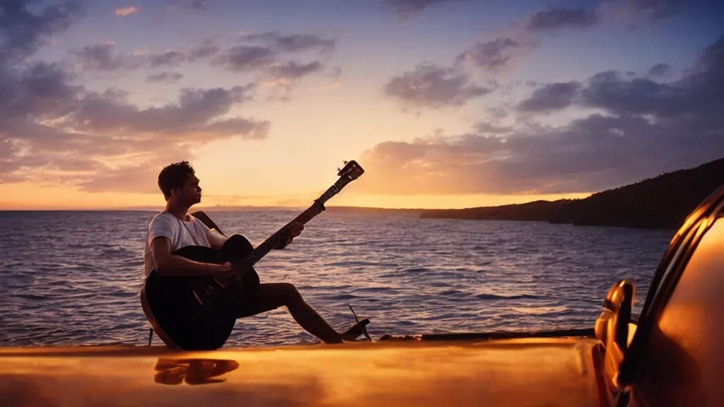 Image similar to a movie still of a man playing guitar on the roof of a car driving through the ocean at sunset, golden hour