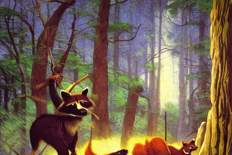 Image similar to a raccoon, foxback riding through a forest, glowing with silver light, painting by jean - leon gerome, illustration by winsor mccay, color by franz marc, today's featured photograph, 1 6 k, character design, furry art, furaffinity, realistic, detailed