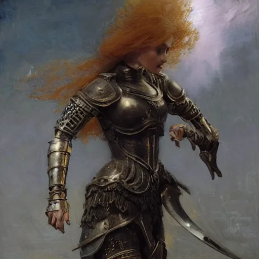 Image similar to young short redhead woman wearing black ornamented medieval armour, bare leg, detailed, by gaston bussiere, bayard wu, greg rutkowski, giger, maxim verehin, greg rutkowski, masterpiece, sharp focus, cinematic lightning