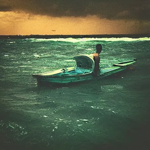 Image similar to “lost man on a boat trying to find his way back home in the middle of the ocean, cartoonish, sad setting, rainy, stormy”