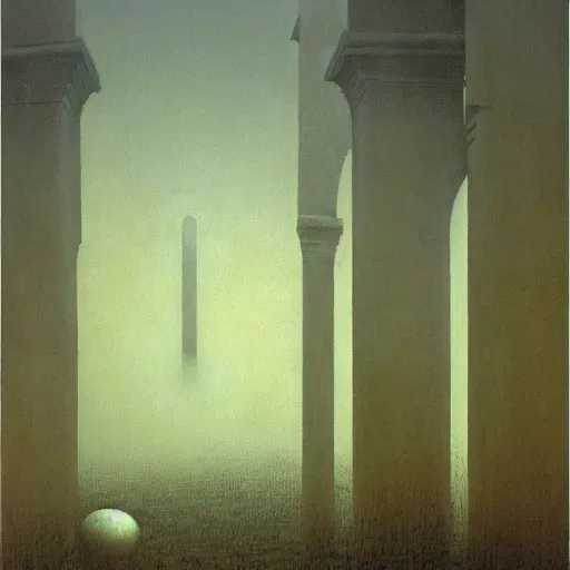 Prompt: arm reaching out of thick fog, symetrical rows of tall stone columns in the far background, intricate, zdzislaw beksinski