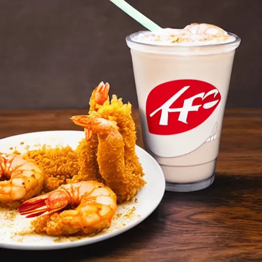 Image similar to a kfc milkshake next to a shrimp wearing a dress, on a beautiful plate, food photography, studio lighting, hyper realistic, sharp focus, hyper - detailed, 8 k resolution