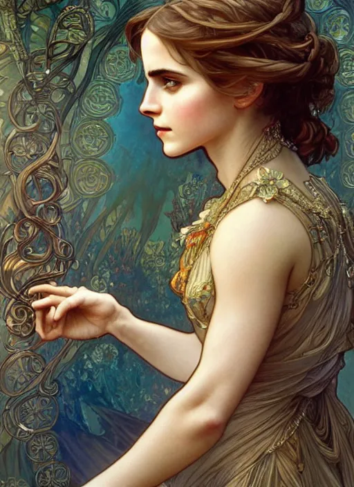 Image similar to Emma Watson as God of Beauty, cute, fantasy, intricate, elegant, highly detailed, digital painting, 4k, HDR, concept art, smooth, sharp focus, illustration, art by alphonse mucha,artgerm, H R Giger