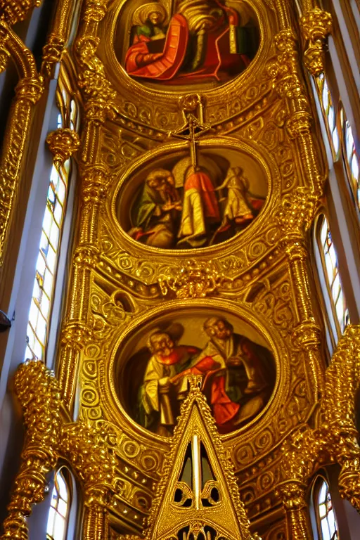 Prompt: photo inside a church, golden ornaments highly detailed