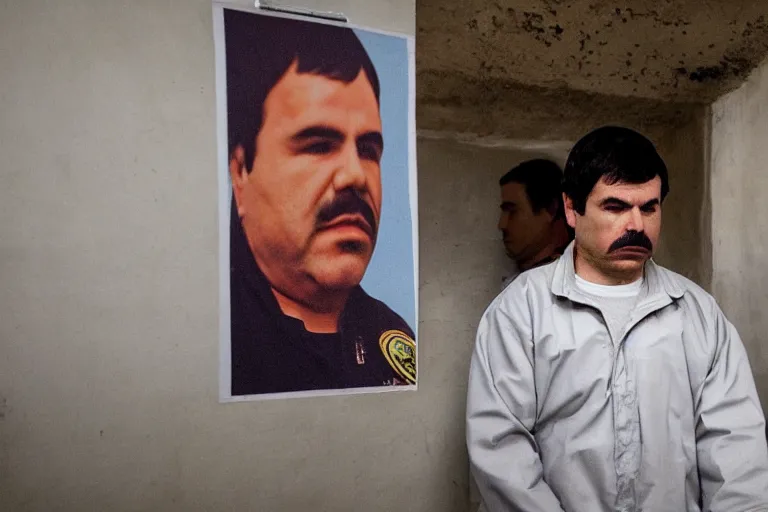 Prompt: el chapo is meditating in the middle of a prison cell. the prison cell is lined with posters of hot latina babes. meditation