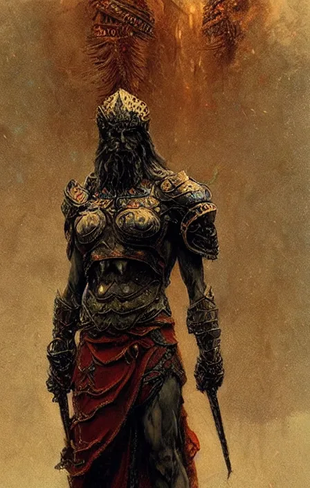 Prompt: zeus god, wearing thunder armor, ornamented armor, beksinski, ruan jia, weta workshop concept art