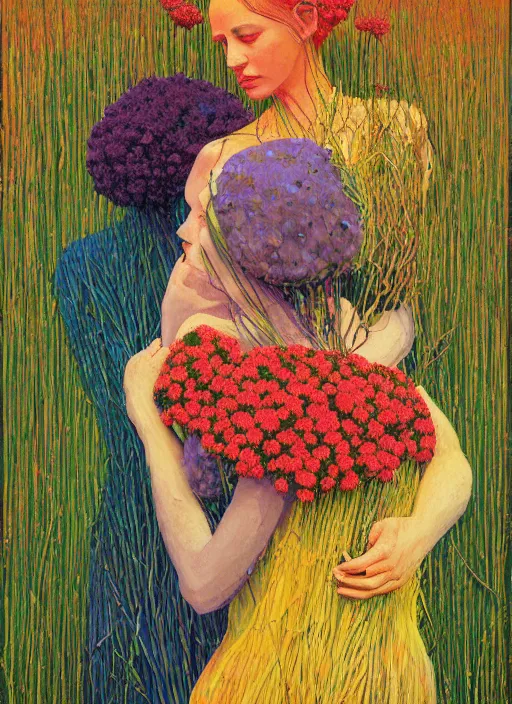 Image similar to portrait of women made of twigs and colorful flowers hugging Edward Hopper and James Gilleard, Zdzislaw Beksinski, highly detailed