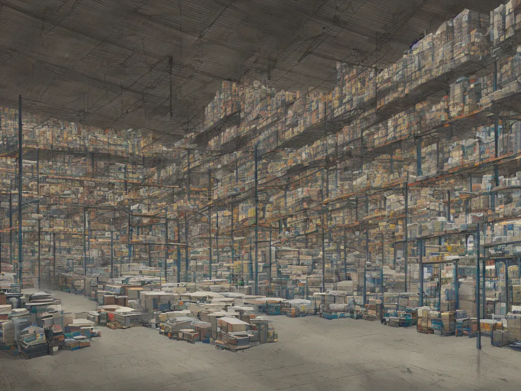 Image similar to a warehouse with huge shelves in which stacks of paper are stored in a painting from stalenhag, 4 k, 8 k, hdr, artstation, concept art