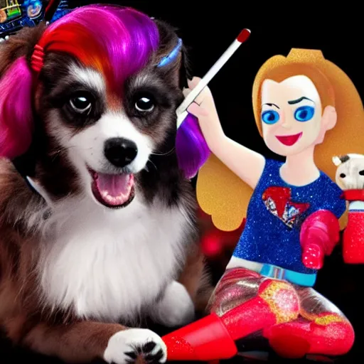 Prompt: harley quinn aiming down glitter gun with toy cavoodle dog by her side