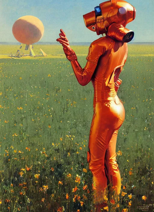 Prompt: tall elegant woman wearing a latex spacesuit standing in flowery martian meadow, by norman rockwell, jack kirby, jon berkey, earle bergey, craig mullins, ruan jia, jeremy mann, tom lovell, marvel, astounding stories, 5 0 s pulp illustration, scifi, fantasy