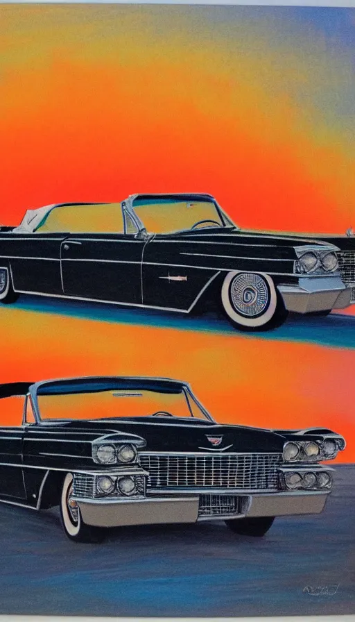 Image similar to 1 9 6 3 cadillac convertible driving down empty highway into a bright orange sunrise, oil pastel, high detail, realistic, vintage, sepia, far shot