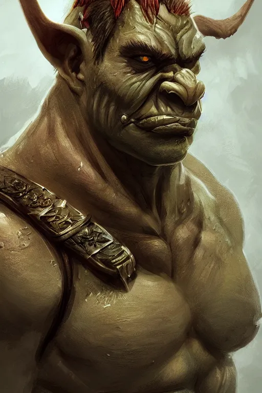 Image similar to half body portrait of an orc, gorgeous, amazing, elegant, intricate, highly detailed, digital painting, artstation, concept art, sharp focus, illustration, art by Ruslan Korovkin