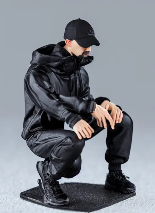 Image similar to 80mm resin detailed miniature of man squatting in black Adidas tracksuit, Product Introduction Photos, 4K, Full body,