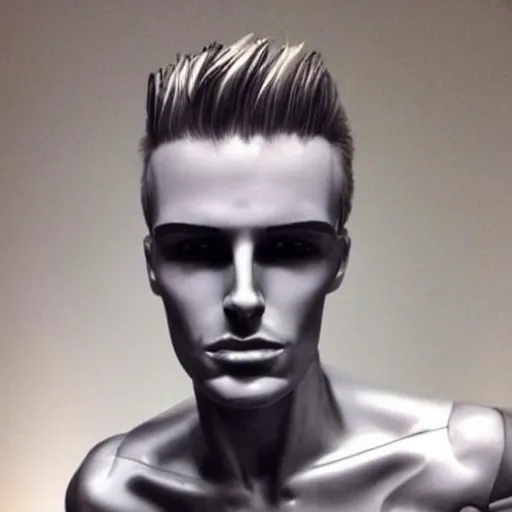 Image similar to “a realistic detailed photo of a guy who is an attractive humanoid who is half robot and half humanoid, who is a male android, David Beckham, shiny skin, posing like a statue, blank stare”