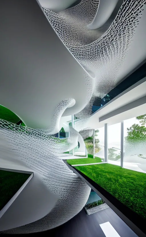 Image similar to villa parametric architecture fluid design, vincent callebaut well - defined style, ultra detailed, monochromatic, natural lighting, volumetric lighting, generative art nebula, cinematic, photo realistic, hyper real, surreal design, flow everywhere, walls made of crystal clear water, droplets on the walls, black metal, magnesium, 8 k,