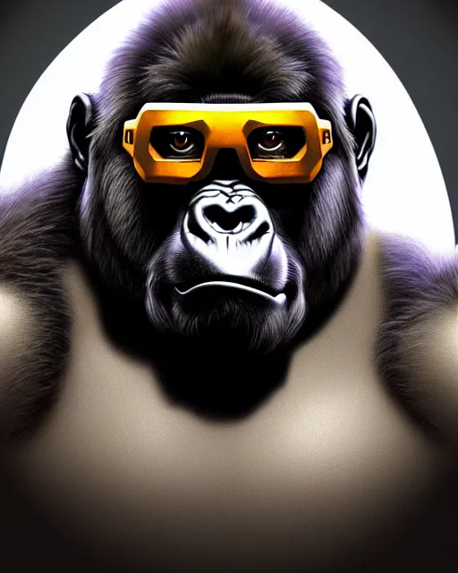 Prompt: winston the gorilla from overwatch, wearing armor, wearing square glasses, smart looking, character portrait, portrait, close up, highly detailed, intricate detail, amazing detail, sharp focus, vintage fantasy art, vintage sci - fi art, radiant light, caustics, by boris vallejo