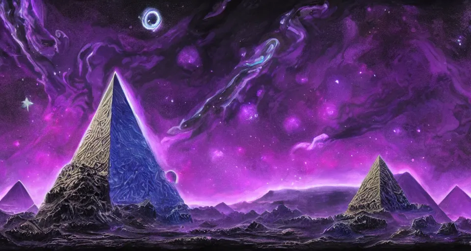 Prompt: black lovecraftian eldritch!! obsidian pyramid!! surrounded by black desert, cosmic purple space!, bright stars, nebula, sky background by eugene von guerard, ivan shishkin, night, cosmic brightly purple space stars, concept art, trending on artstation, 8 k