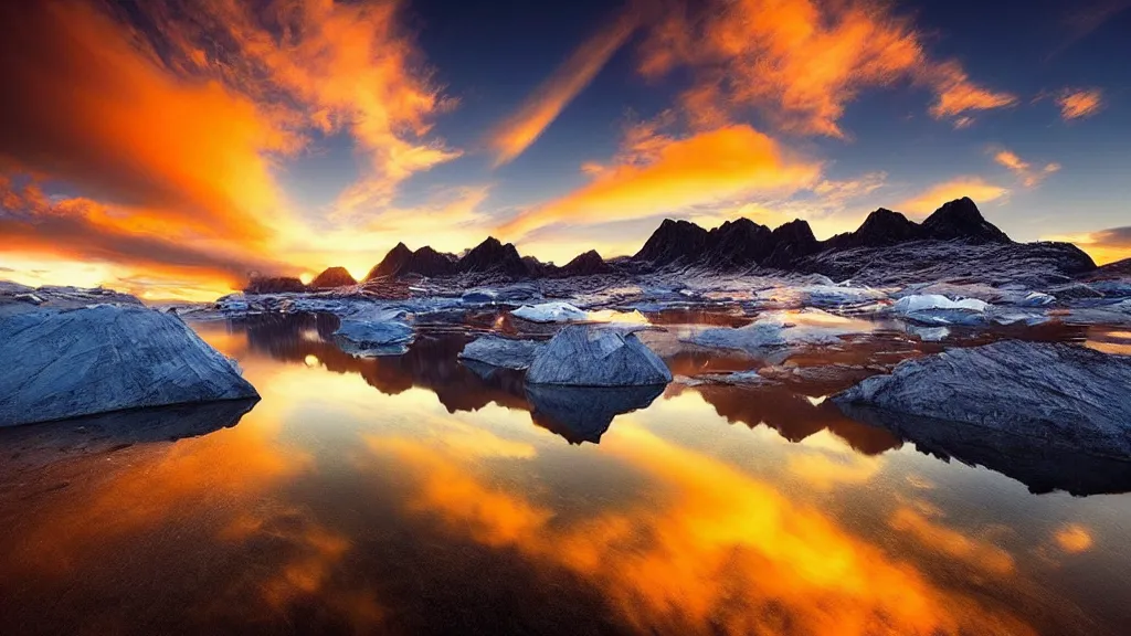 Image similar to amazing landscape photo of greenland in sunset by marc adamus, beautiful dramatic lighting