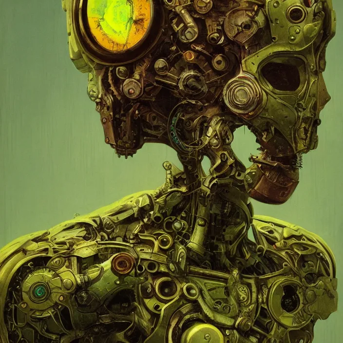 Prompt: portrait of an chartreuse ultron from age of ultron, clockwork steampunk, dieselpunk, head and chest only, by beksinski, 4 k, deviantart, trending on artstation