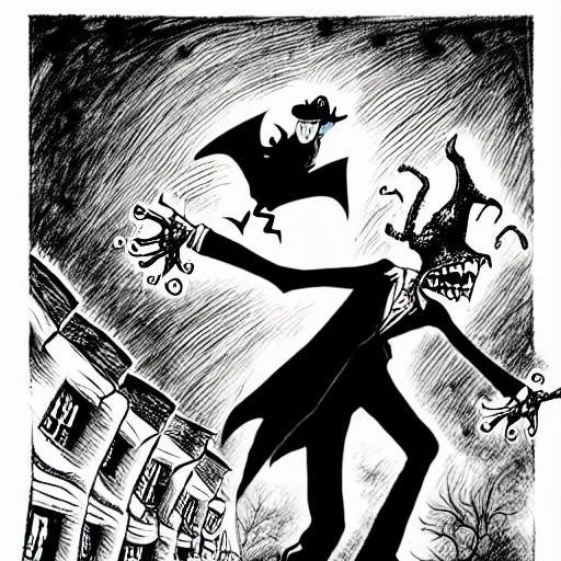 Prompt: black and white trippy comic art depiction of dracula the vampire roller skating on roller skates, drawn by martin rowson, tim burton, alex pardee, nekro petros afshar, cgsociety, awesome, stunning, 4 k