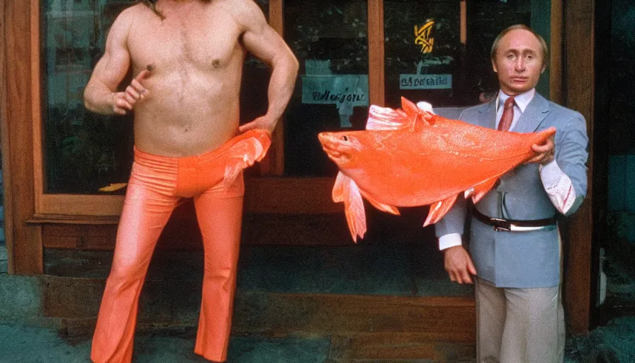 Image similar to 7 0 s movie still of putin in mankini, proudly holding a salmon. cinestill 8 0 0 t _ 3 5 mm eastmancolor, heavy grain, high quality, high detail