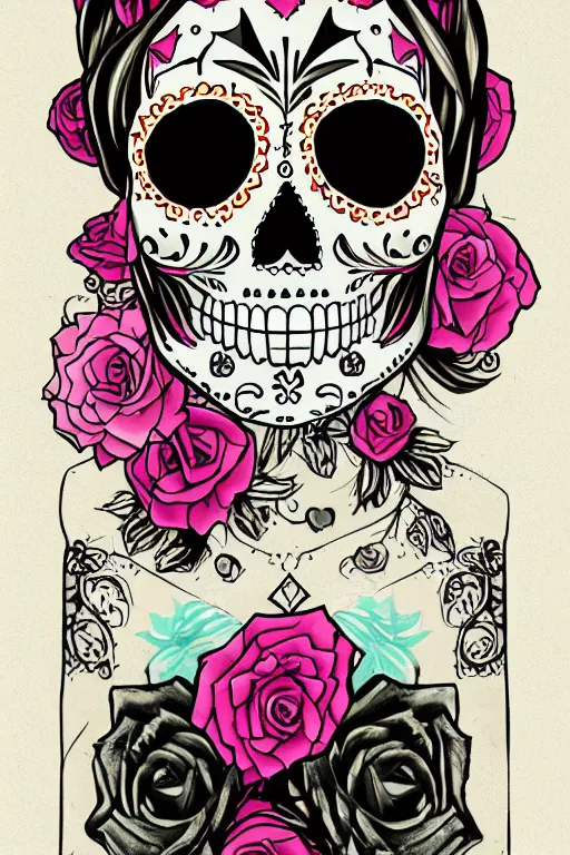 Image similar to illustration of a sugar skull day of the dead girl, art by justin bartlett