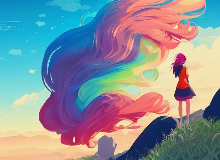 Image similar to a beautiful young woman with rainbow hair standing on a clifftop. clean cel shaded vector art. shutterstock. behance hd by lois van baarle, artgerm, helen huang, by makoto shinkai and ilya kuvshinov, rossdraws, illustration, art by ilya kuvshinov