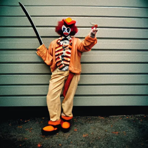 Prompt: a beige clown holding a machete, 3 5 mm film