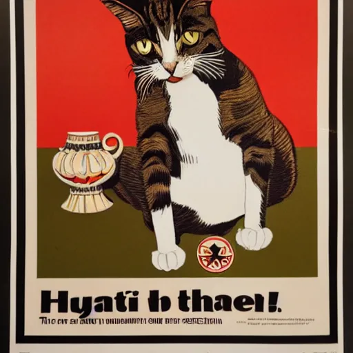 Image similar to propaganda poster with a cat as the centerpiece