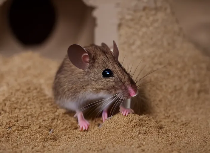 Image similar to dslr photo still of a mouse inside a sand castle, 8 k, 8 5 mm f 1. 4