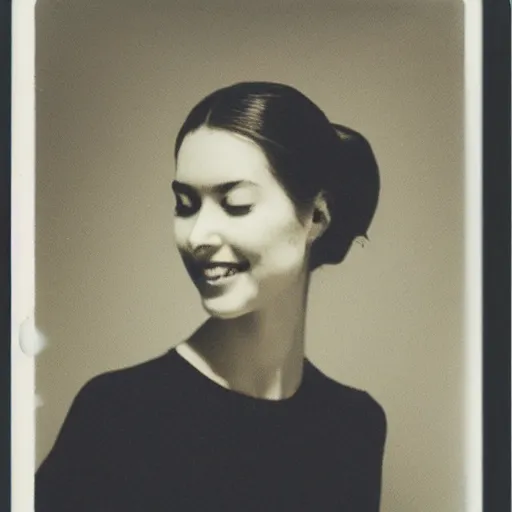 Image similar to a beautiful face of a young pale woman with closed eyes, small lips pointy nose, cheeks, and brown hair in two buns, smiling seductivly at you, polaroid