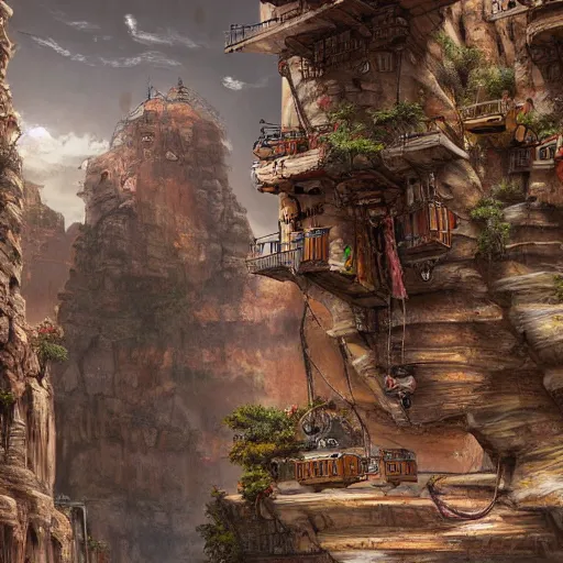 Prompt: arid steampunk fantasy city built into canyon walls. houses are built on platforms on the canyon walls with precarious walkways and ladders between them. the canyon floor is covered in larger stone buildings and shops. realistic, highly detailed painting concept art