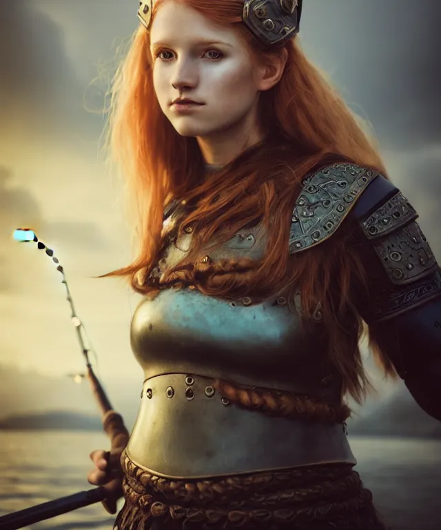 Prompt: cute female viking wearing leather armor and fishing by charlie bowater and titian and artgerm, portrait, intricate, face, wooden dock, ginger hair, grey eyes, playful, sea foam, elegant, blue mist, highly detailed, dramatic lighting, sharp focus, trending on artstation, artstationhd, artstationhq, unreal engine, 4 k, 8 k