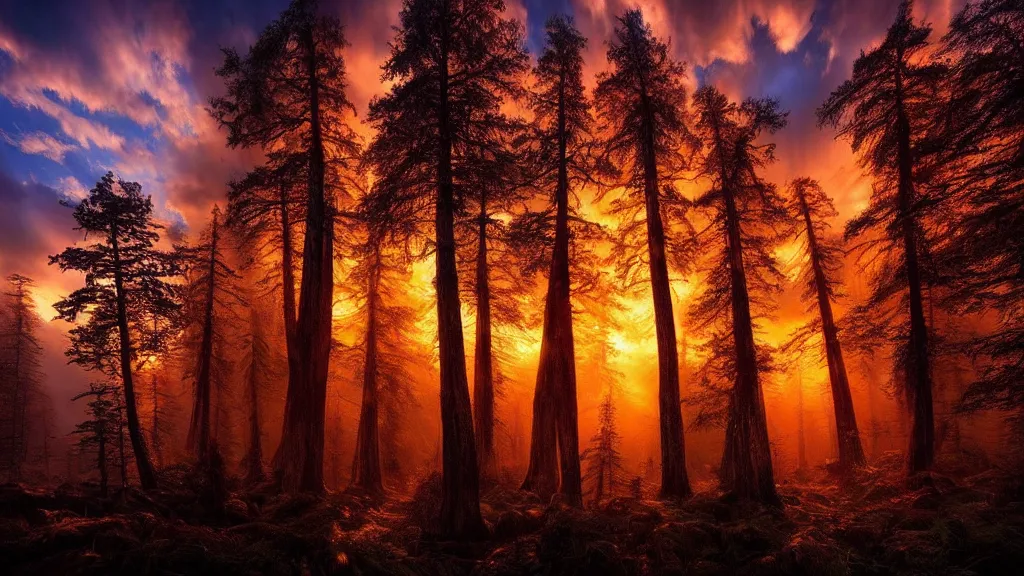 Prompt: amazing landscape photo of a forest in sunset by marc adamus, beautiful dramatic lighting