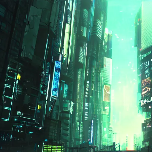 Prompt: cyberpunk dystopia wide angle shot makoto shinkai