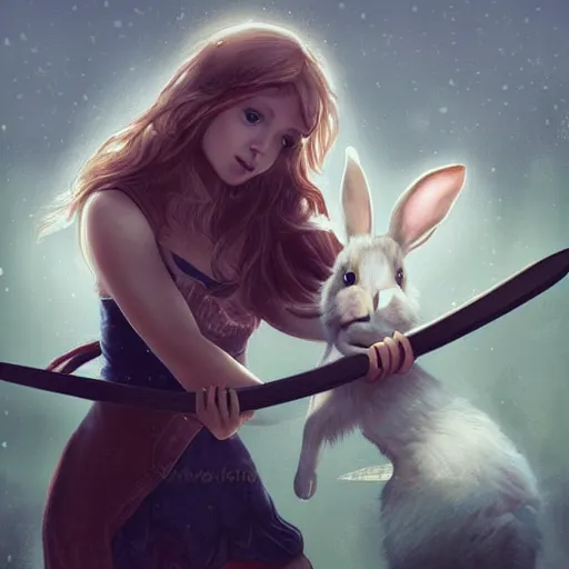 Prompt: digital art of a girl holding a sword fighting a bunny, detailed, beautiful scenery, detailed